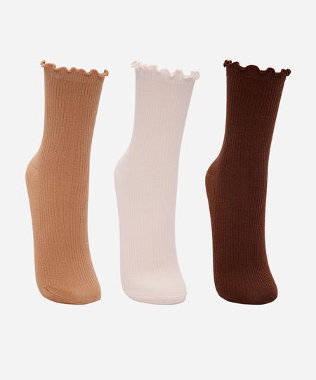 kit de 3 meias femininas cano médio com fru fru colorida 34-39