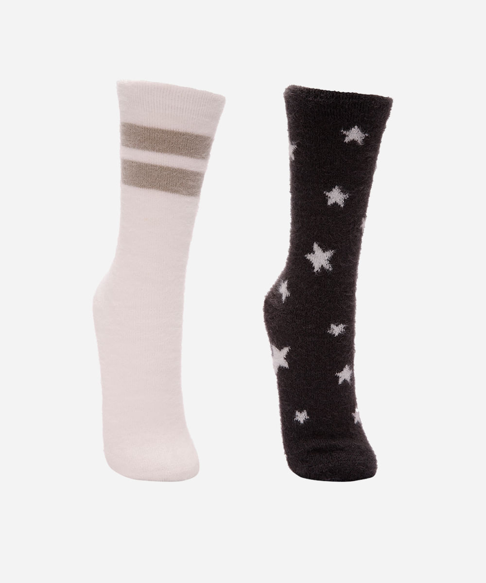 Vista 2 kit de 2 meias femininas cano alto estrelinha colorida C&A Multicor C&A Multicor