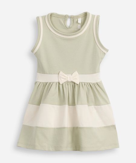 vestido infantil de algodão com recortes e laço verde 0-3