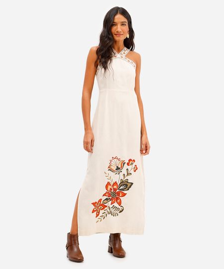 vestido midi halterneck feminino com linho bordado floral bege PP