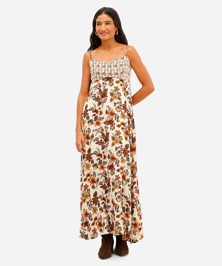 vestido longo feminino de viscose floral com lurex bege GG