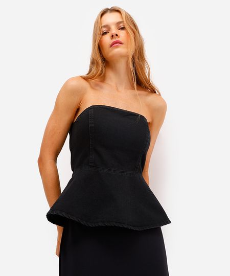 blusa sem alça feminina jeans com peplum preta GG blusa sem alça feminina jeans com peplum preta GG
