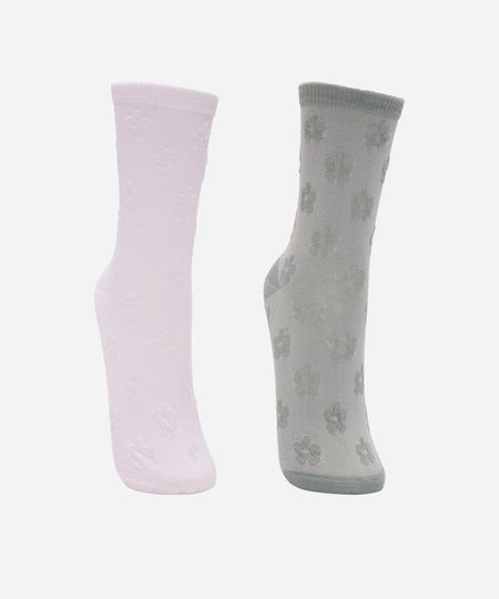 kit de 2 meias cano longo texturizada floral colorida 34-39