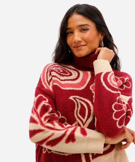 suéter feminino de tricot gola alta floral bege M