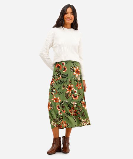 saia midi feminina com linho recortes floral verde 38 saia midi feminina com linho recortes floral verde 38