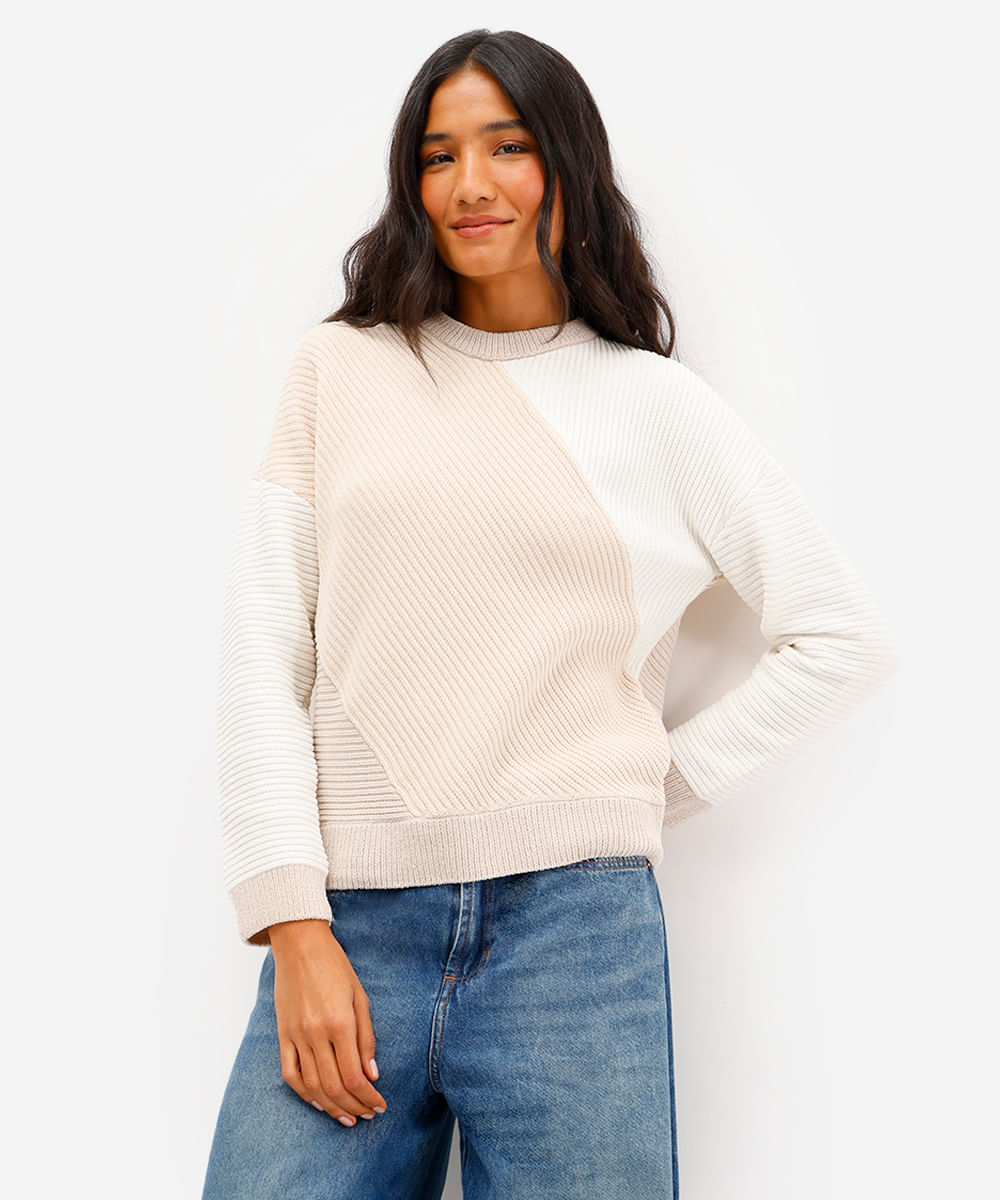 suéter feminino de tricot estampado bege
