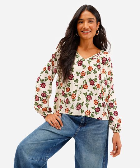 bata feminina de viscose floral com lurex bege PP