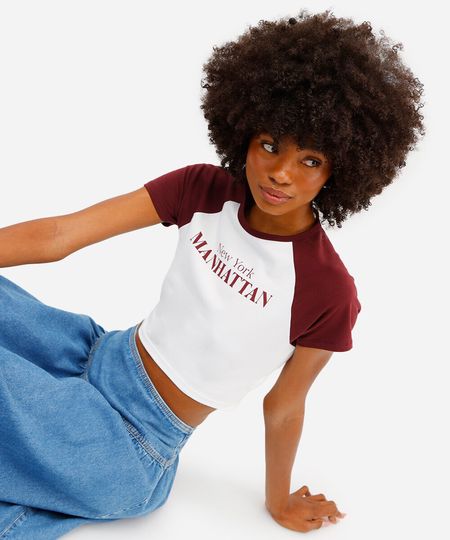 cropped feminino de algodão manga raglan manhattan vinho GG cropped feminino de algodão manga raglan manhattan vinho GG