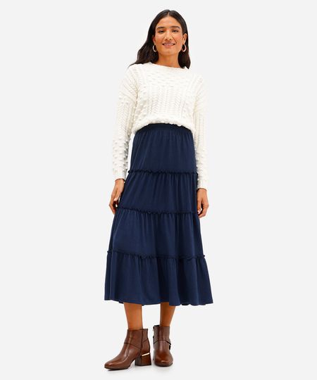 saia midi texturizada com frufru azul P saia midi texturizada com frufru azul P