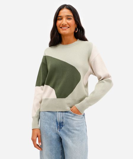 suéter feminino de tricot  abstrato verde M suéter feminino de tricot  abstrato verde M