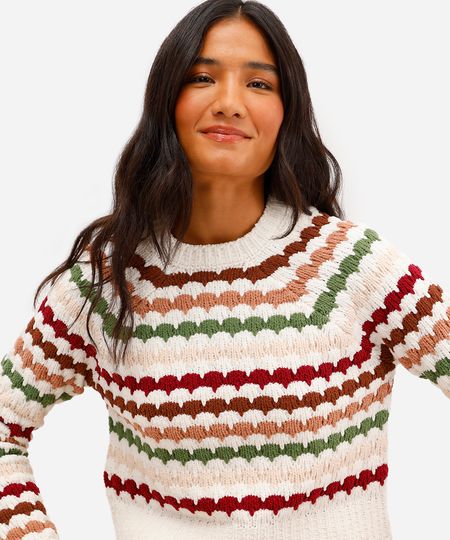 suéter feminino de tricot listrado off white P suéter feminino de tricot listrado off white P