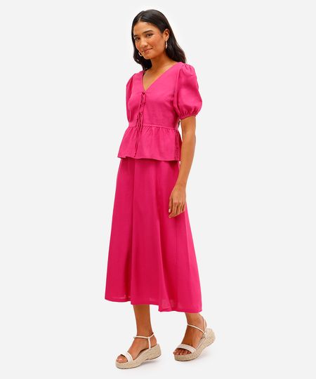 saia midi feminina com linho e recortes rosa 34 saia midi feminina com linho e recortes rosa 34