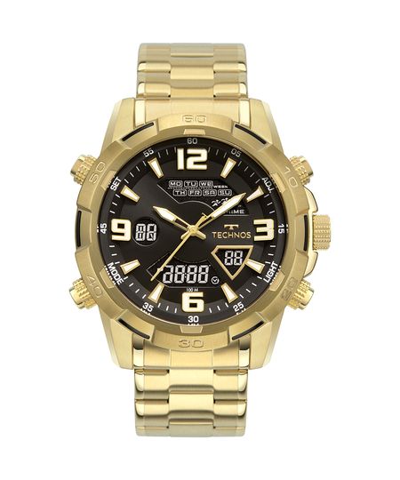 relógio masculino technos w23305ab1p multifunção dourado UNICO