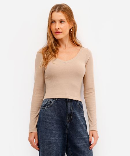 blusa básica decote v manga longa preto - areia G blusa básica decote v manga longa preto - areia G