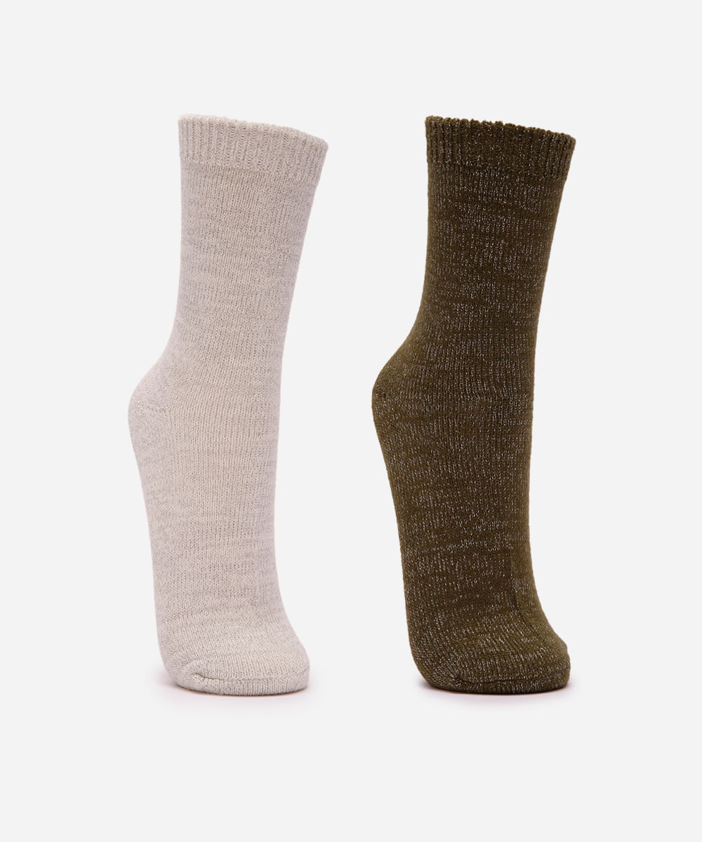 kit de 2 meias femininas de tricot com lurex colorida