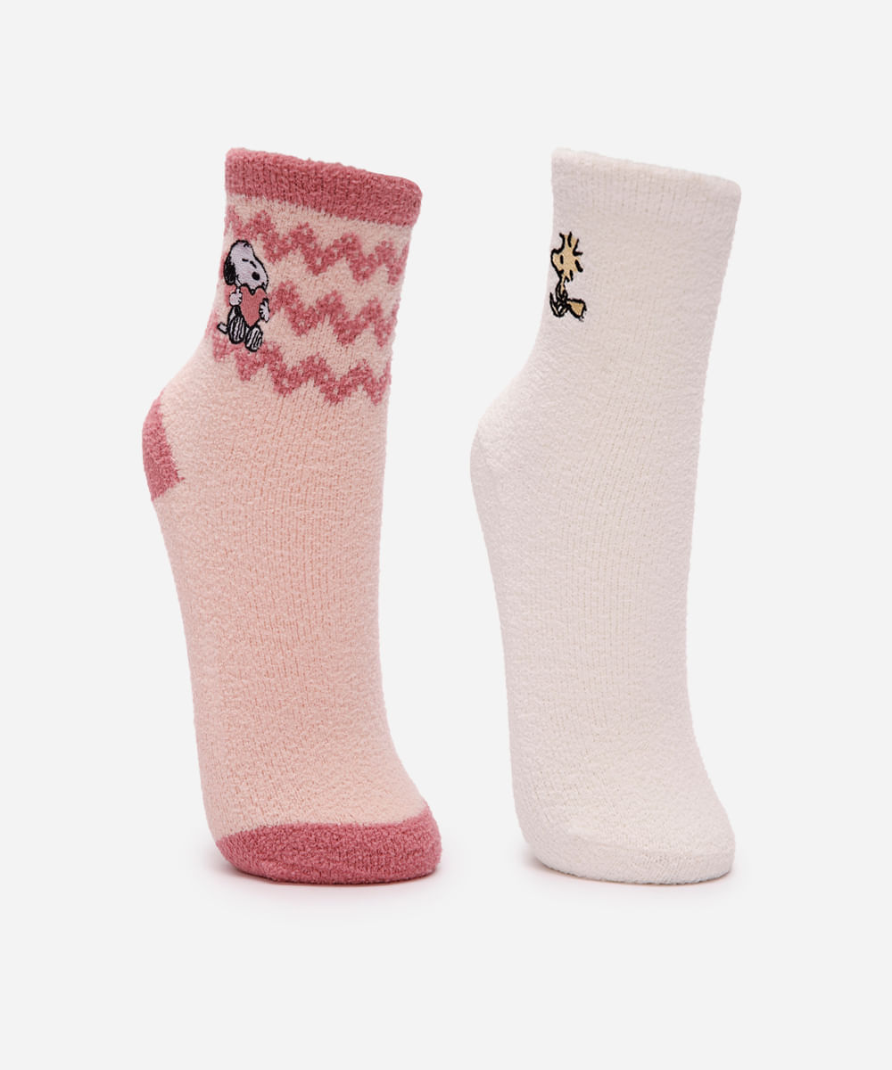 kit de 2 meias infantis cano alto com antiderrapante snoopy e woodstock colorida