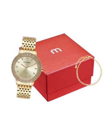 kit relógio feminino mondaine 32829lpmvde1kk analógico dourado UNICO