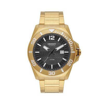 relógio masculino orient solartech analógico calendário mgss1292 g2kx dourado
