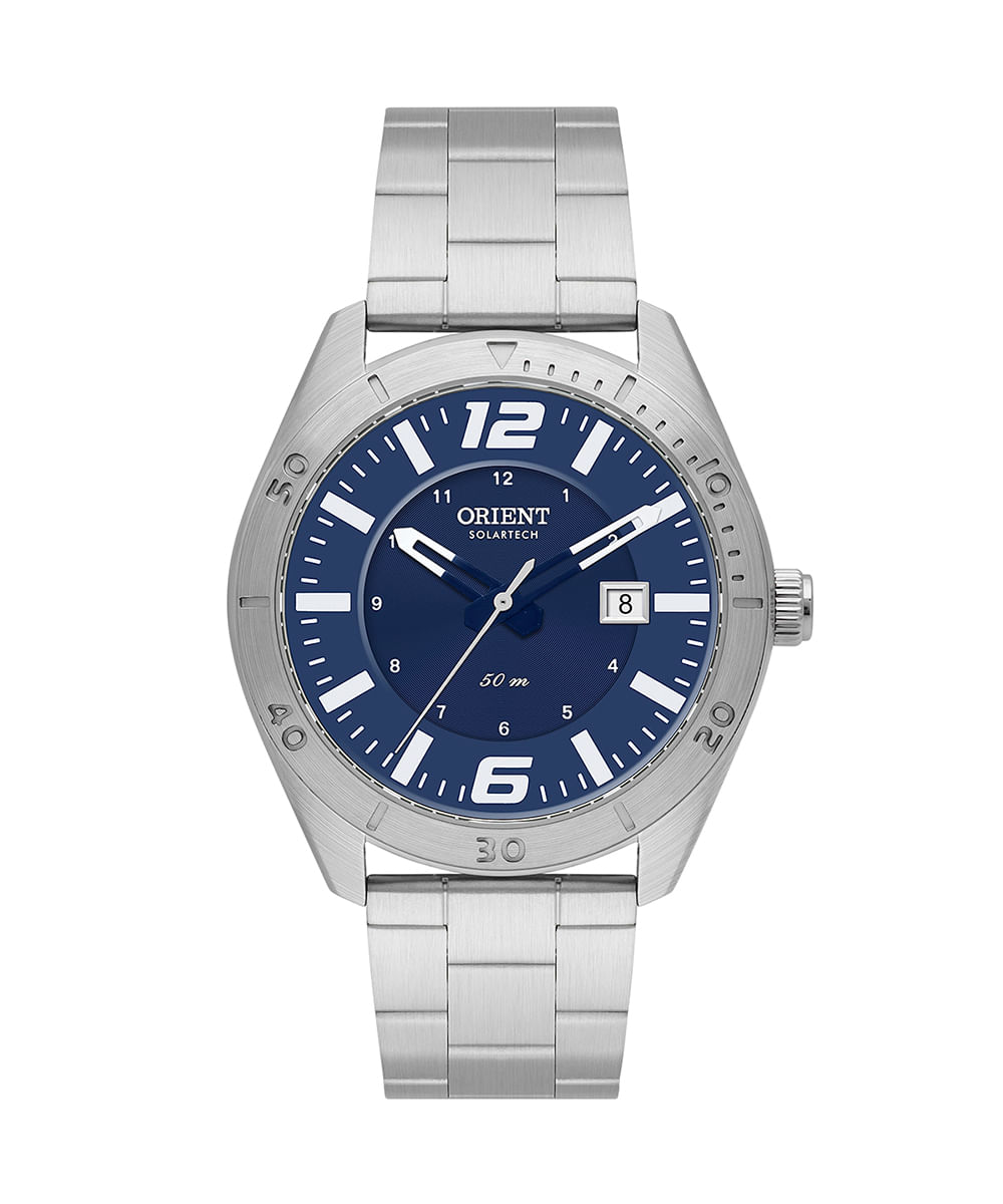 relógio masculino orient solartech analógico calendário mbss1497 d2sx prateado