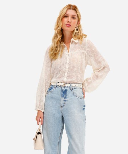 camisa feminina manga longa bordada floral off white G