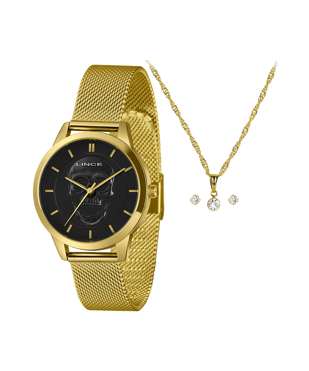 kit relógio feminino lince lrg4809l36ka8rp1kx analógico dourado