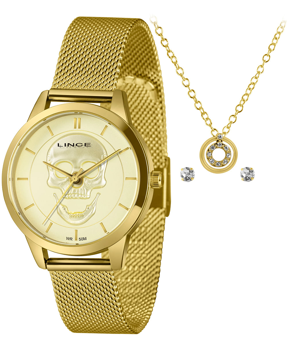 kit relógio feminino lince lrg4809l36ka89c1kx analógico dourado