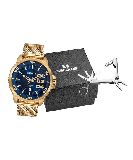 kit relógio masculino seculus 77222gpsvda6k analógico calendário dourado UNICO