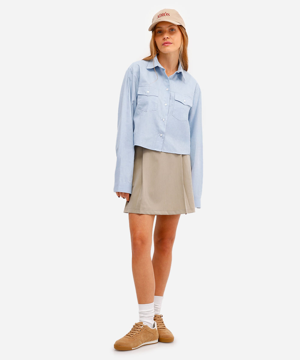 minissaia feminina de alfaiataria com pregas bege