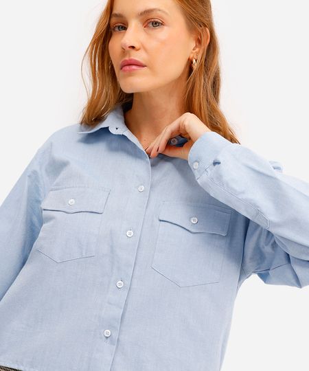 camisa cropped feminina de algodão manga longa azul P