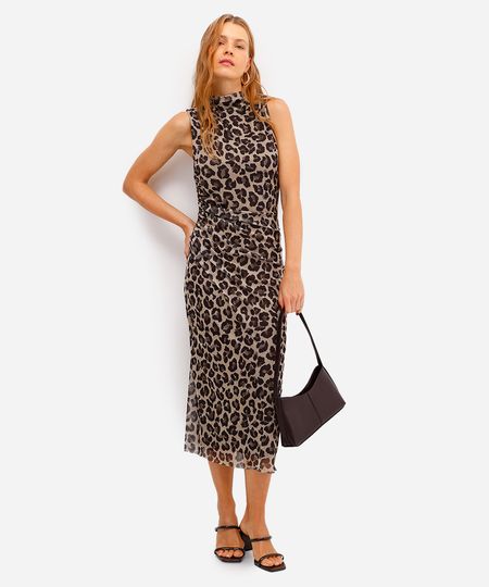 vestido midi feminino de tule animal print franzido bege P vestido midi feminino de tule animal print franzido bege P