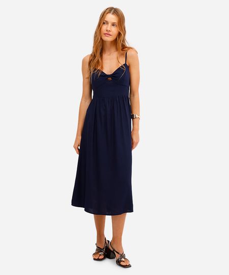vestido midi feminino com linho decote coração azul P
