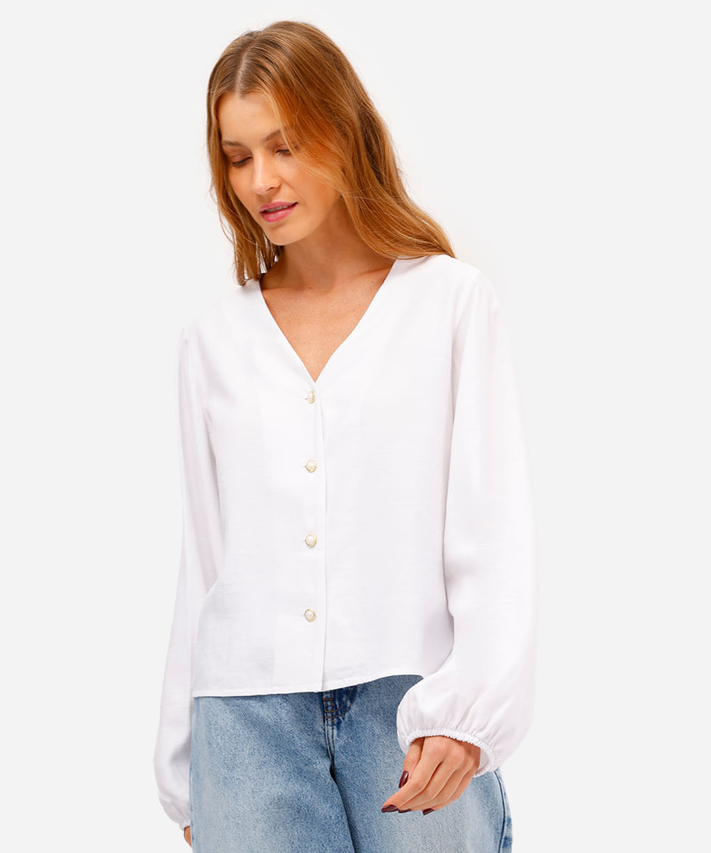 camisa feminina de viscose manga bufante decote v off white