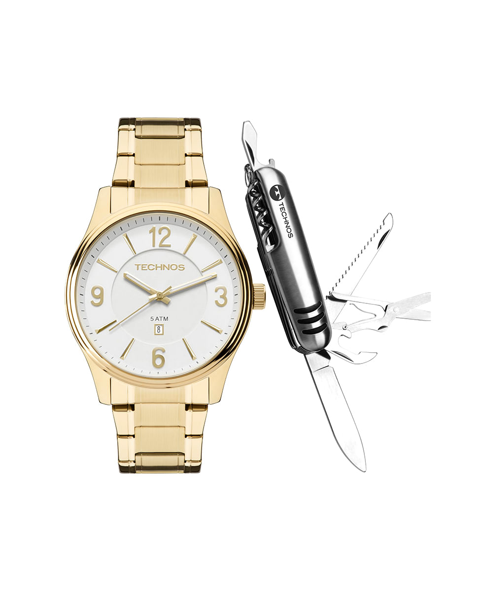 kit relógio masculino technos 2015byytdsk4b analógico calendário dourado