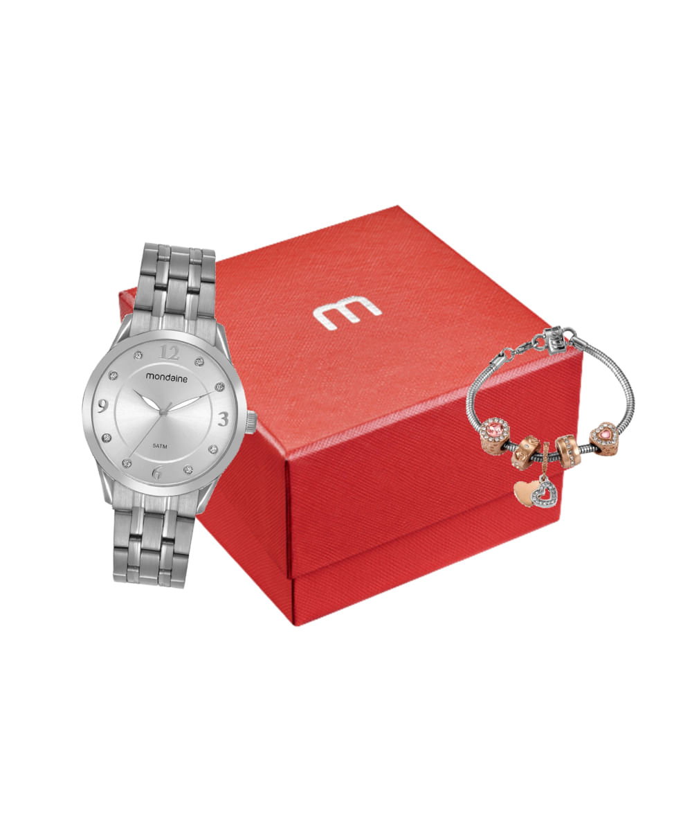 kit relógio feminino mondaine 99766l0mvne1kc analógico prateado