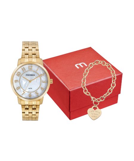 kit relógio feminino mondaine 99716lpmvde1kc analógico dourado UNICO