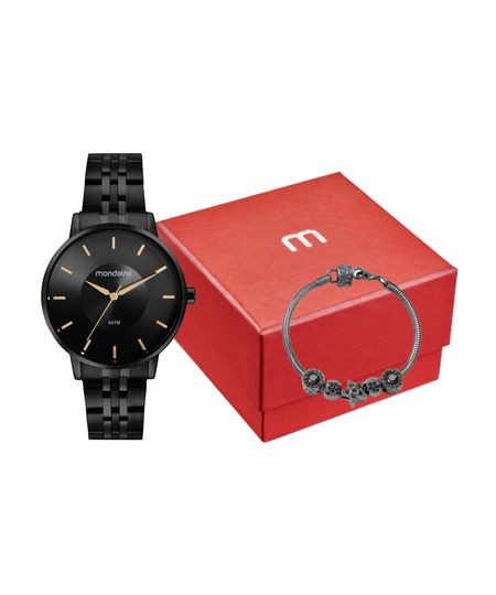 kit relógio feminino mondaine 32682lpmvpe5kc analógico preto UNICO
