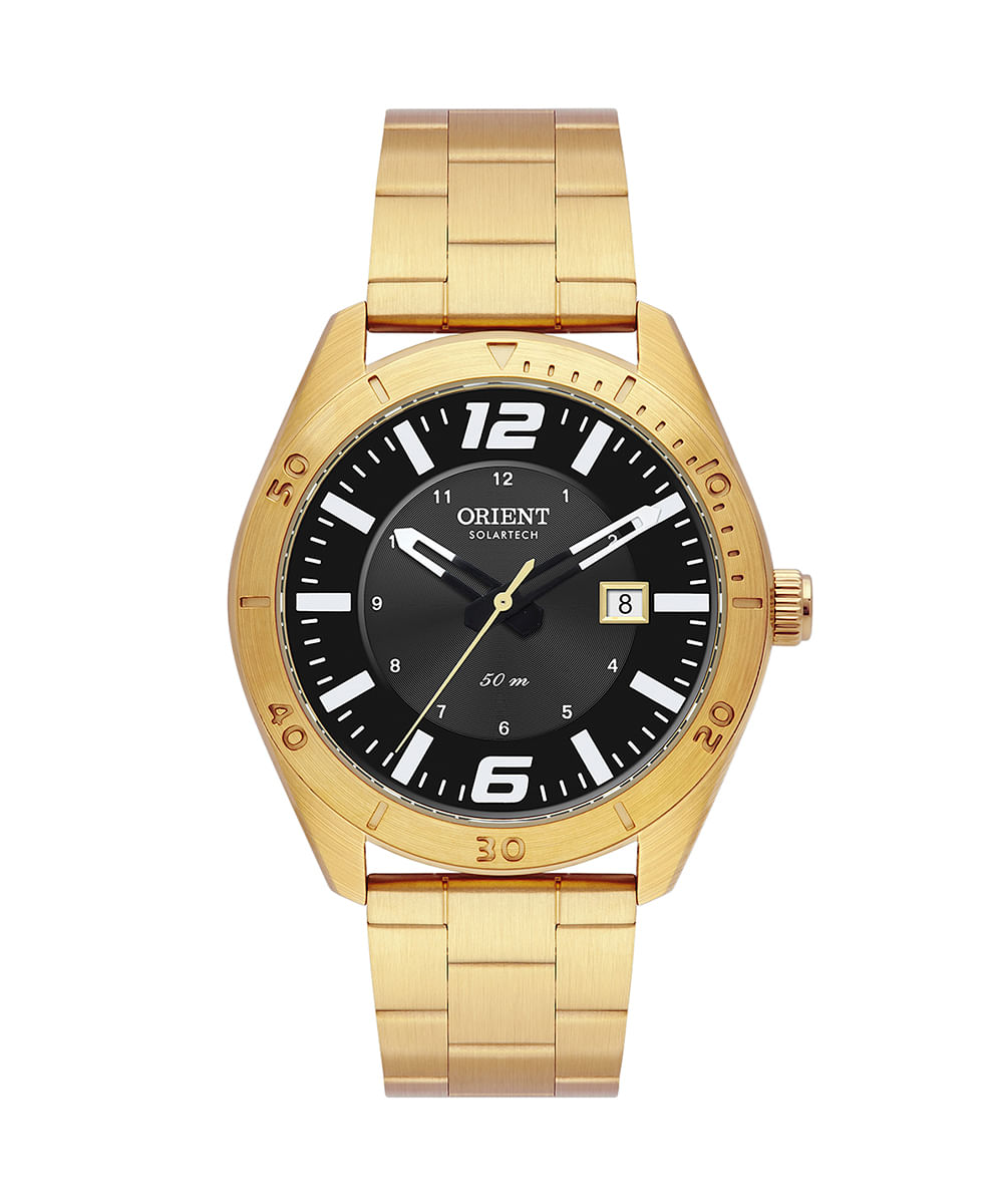 relógio masculino orient solartech analógico calendário mgss1289 g2kx dourado