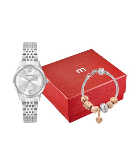 kit relógio feminino mondaine 32698l0mvne3kc analógico prateado UNICO