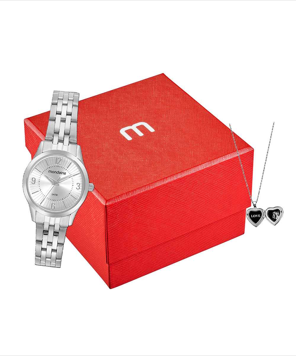 kit relógio feminino mondaine 32728l0mvne2 analógico prateado