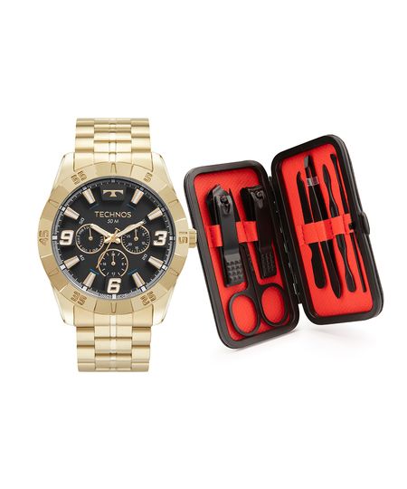 kit relógio masculino technos 6p29alck1p multifunção dourado UNICO kit relógio masculino technos 6p29alck1p multifunção dourado UNICO