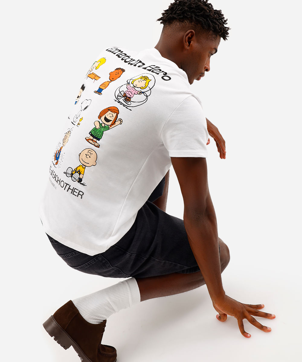 camiseta masculina de algodão manga curta snoopy off white