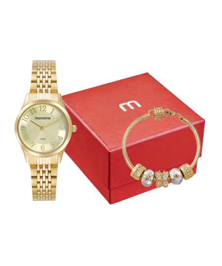 kit relógio feminino mondaine 32697lpmvde1kk analógico dourado UNICO