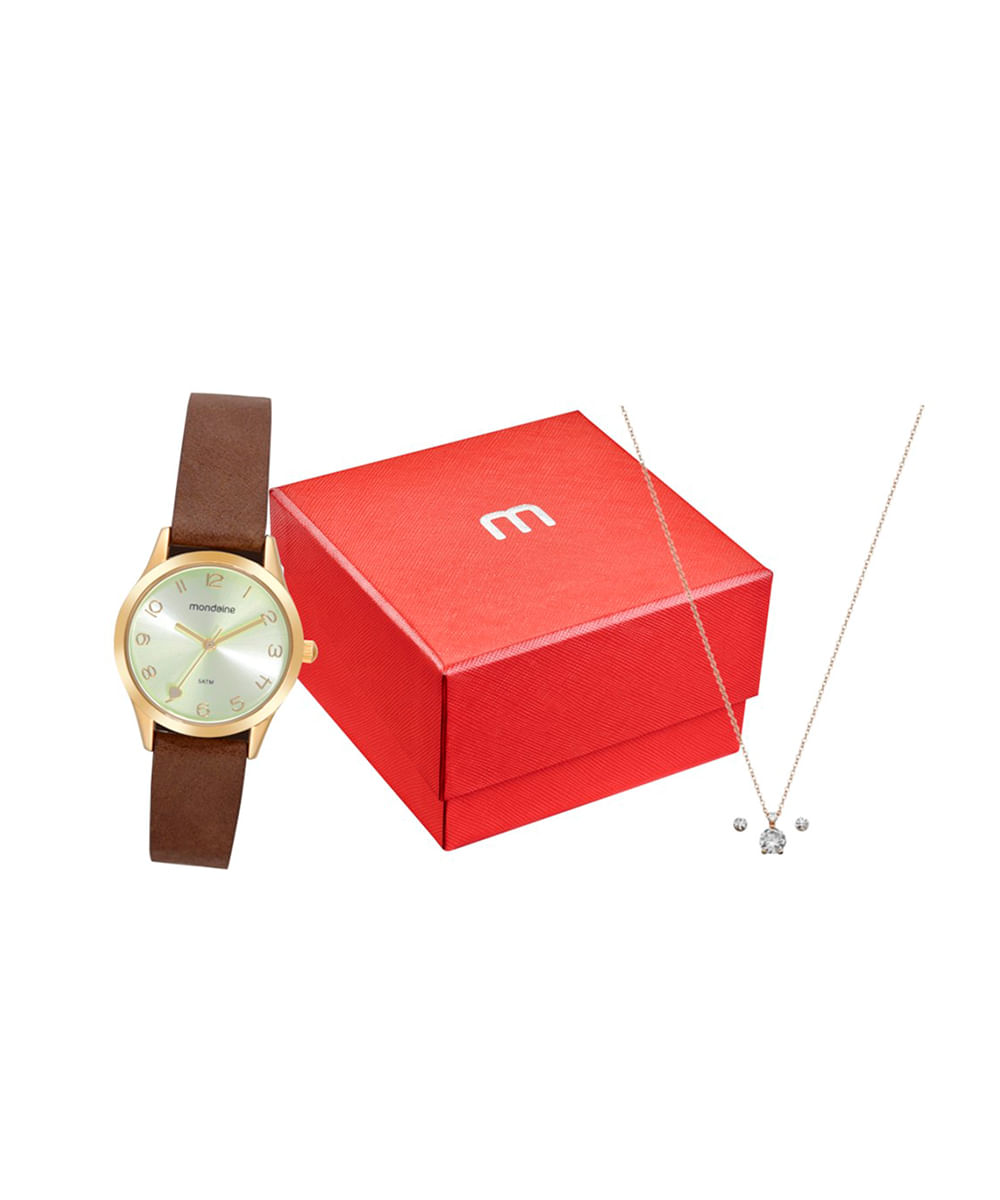 kit relógio feminino mondaine 32793lpmkdh1k1 analógico dourado