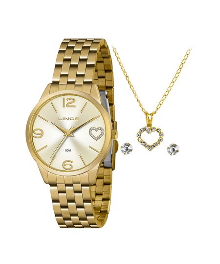 kit relógio feminino lince lrg4717lka68c2kx analógico dourado UNICO