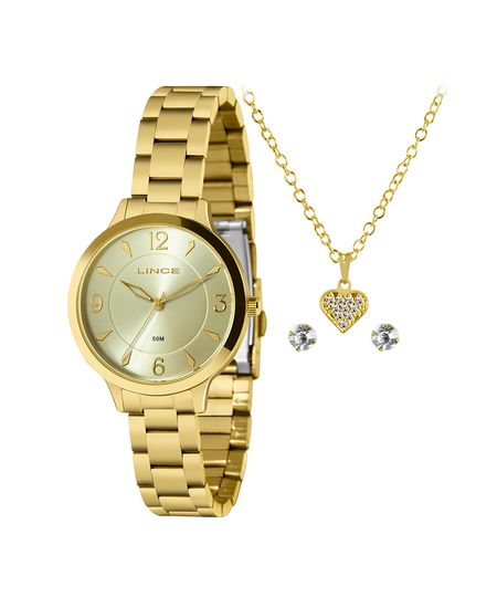 kit relógio feminino lince lrg4749l36k02lc2kx analógico dourado UNICO