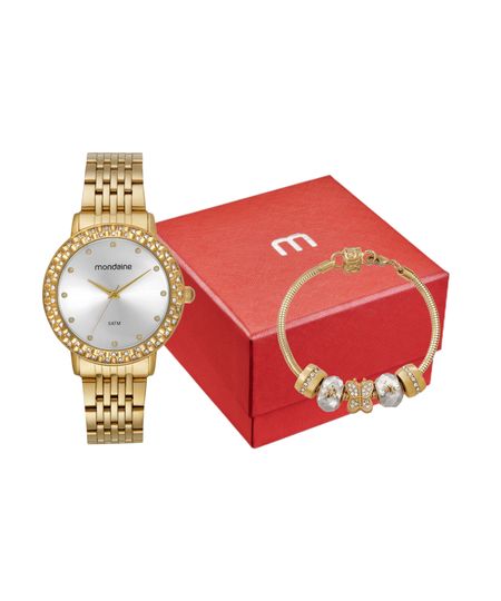 kit relógio feminino mondaine 32838lpmvde1kf analógico dourado UNICO