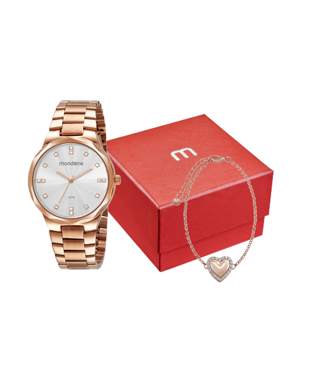 kit relógio feminino mondaine 32450lpmvre3k analógico rosê