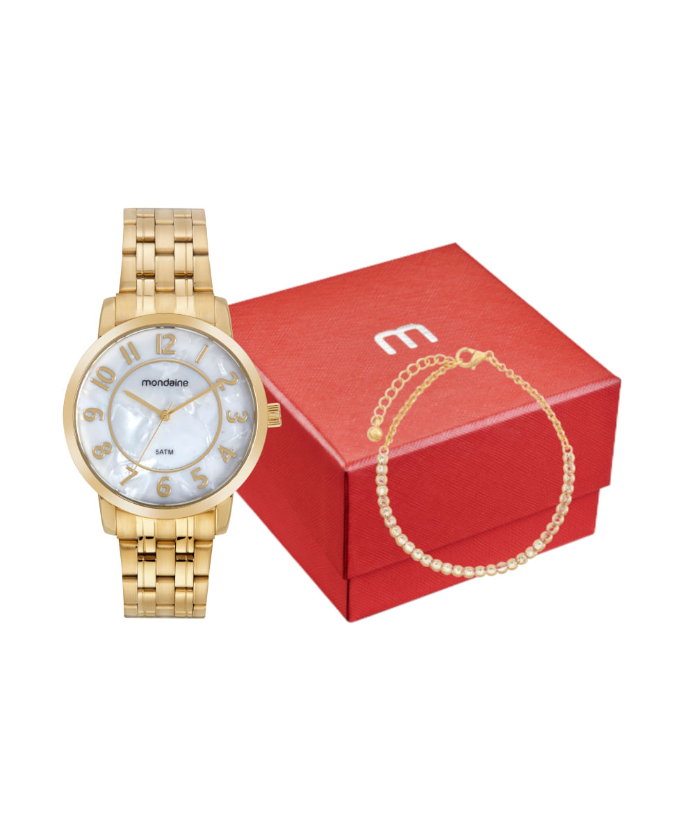kit relógio analógico feminino mondaine 99716lpmvde1kk dourado