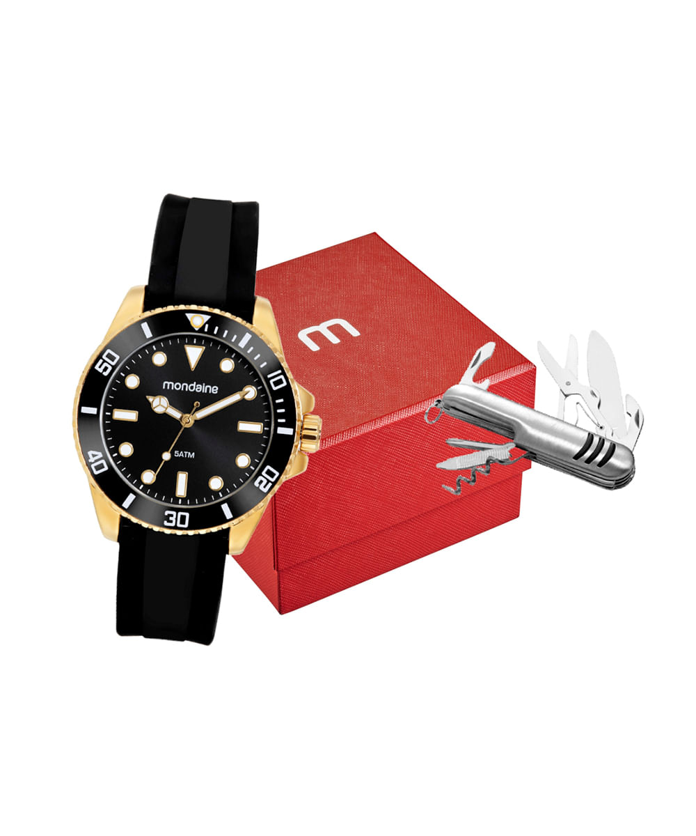 kit relógio masculino mondaine 32549gpmvdi5k analógico dourado