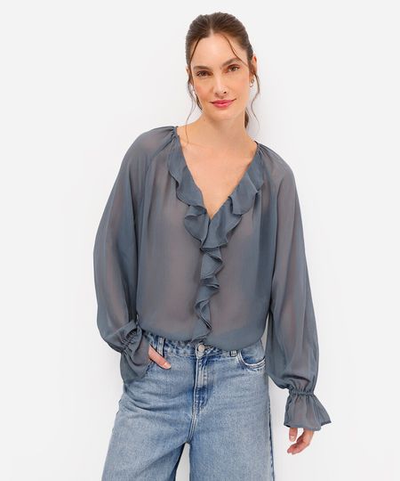 bata feminina com babados texturizada azul PP
